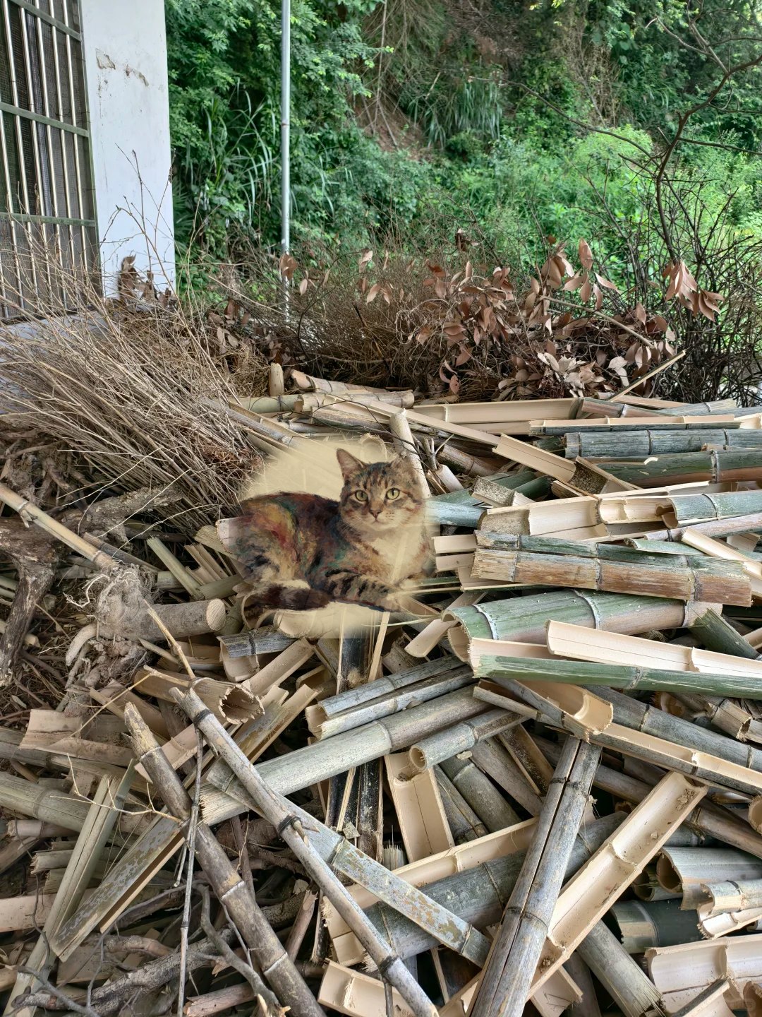 竹堆场景：小猫藏在其中