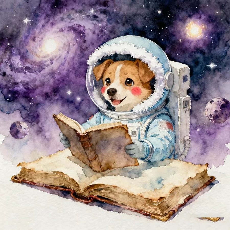 AI 生成：宇宙里看书的小狗
